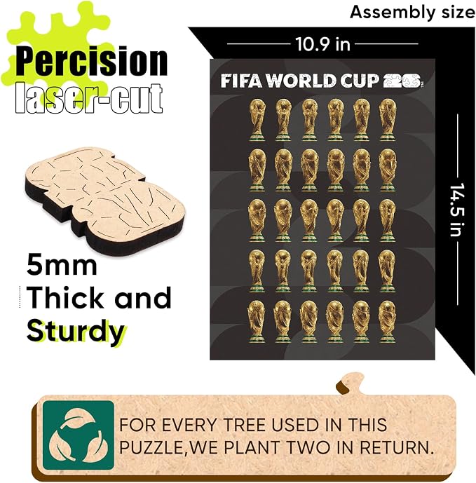 FIFA World Cup 2026 Wooden Jigsaw-Puzzle,Gift for Soccer Fan-360° Trophy | Official Licensed,5MM Thick Soccer puzzles,Long-Lasting Display sports memorabilia collector,300 Pieces Irregular Shape