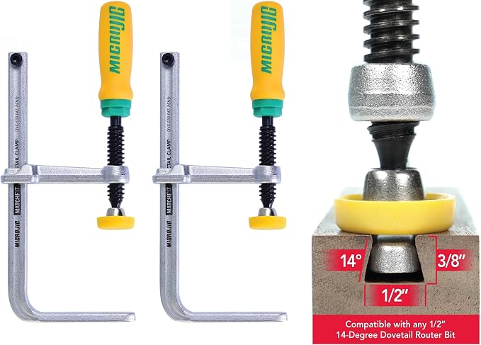 MICROJIG MatchFit Dovetail Clamps, Woodworking Track System Tools, DVC-538K2, 2-Pack, Yellow/Green | Fits 1/2 14 Degree Dovetail Bit, 595 Lb Clamping Force, Yellow and Green