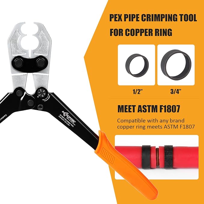 KF CPTEC PEX Clamp Tool Kit, 1/2" & 3/4" PEX Crimping Tool with Go/No-Go Gauge, ASTM F1807 Compliant, Chrome-Plated Jaw, Includes Assorted Accessories for Plumbing Installation & Repair