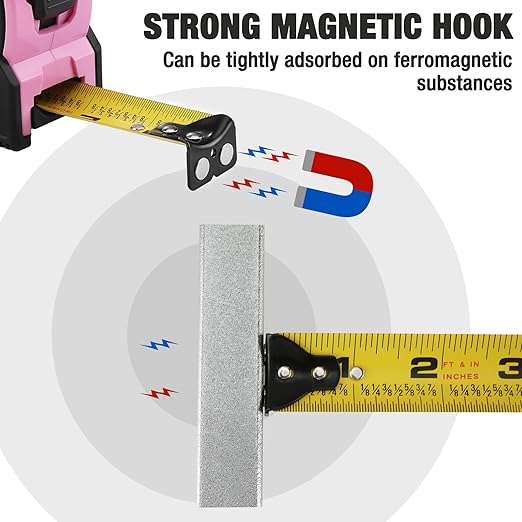 WORKPRO 25FT Pink Tape Measure, 1/8 Fractions Easy Read Measuring Tape, Retractable Nylon Coating Measurement Tape Accuracy 1/32, Magnetic Hook, Belt Clip, Rubber Protective Casing - Pink Ribbon