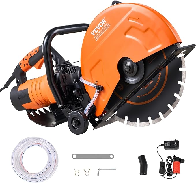 VEVOR Electric Concrete Saw, 14 in, 2600 W Motor Circular Saw Cutter with Max. 6 in Adjustable Cutting Depth, Wet Disk Cutter Includes Water Line, Pump and Blade, for Stone, Brick