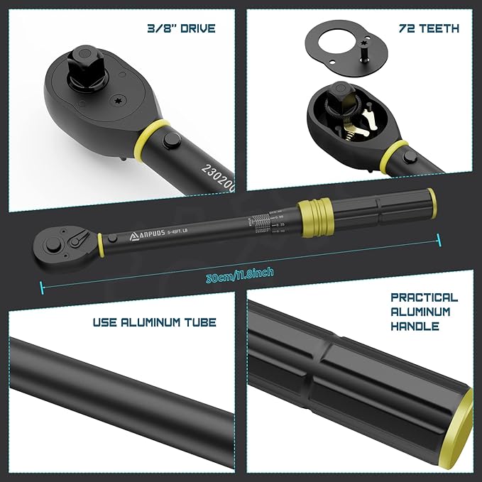 3/8" Click Torque Wrench, 5-45 Ft-Lb/6.8-61 Nm, Lightweight Aluminum | ±3% Accuracy, Small Mini, 72-Tooth Reversible Ratchet, Dual Scale, for Bike, Motorcycle, Auto Spark Plug Repair, DIYers