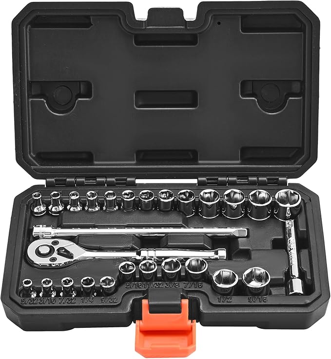VEVOR Socket Set, 27 Pieces, 1/4 inch Drive Socket and Ratchet Set, SAE and Metric, Mechanic Tool Kit with Ratchet Wrench, Extension Bar and Storage Case, CR-V Alloy Steel, for Automotive Repair | Mechanic Tool Kit with Ratchet Wrench, Extension Bar an...