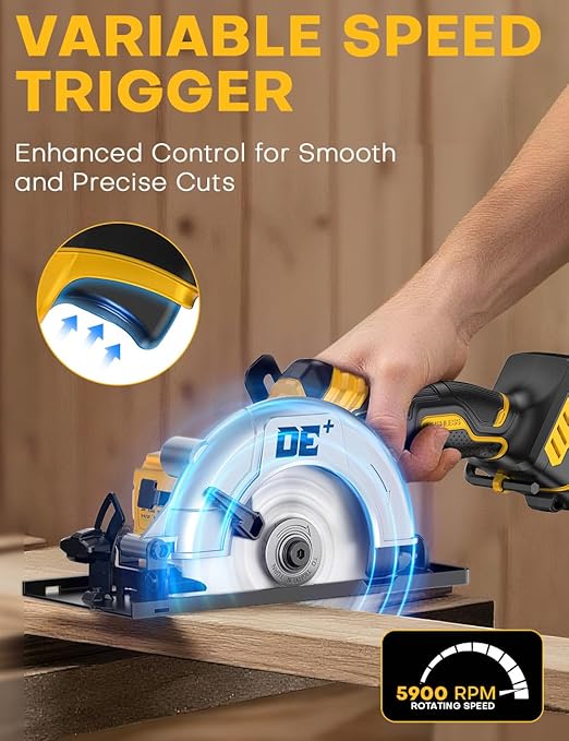 Brushless Cordless Circular Saw, for DeWalt 20V Max Battery, 6-Inch Aluminum Alloy Blade, 5900 RPM, 4.2 Lbs Lightweight, Cutting Depth 2-1/20" (90°), 0-90° Bevel, Hex Wrench, Rip Guide, for Wood, PVC