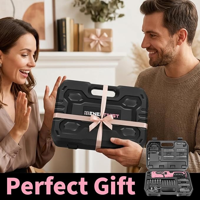 Enertwist Electric Screwdriver, 8V Max 10Nm Pink Cordless Screwdriver Rechargeable Set with 82 Accessory Kit and Charger in Carrying Case, 21+1 Cluth, Dual Position Handle, LED Light