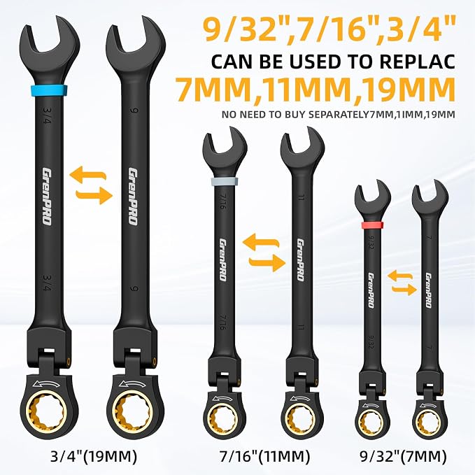 GRENPRO 23PC Flex Head Ratcheting Wrench Set SAE & Metric Combination Sets | 1/4"-3/4"&6-18mm Bolt Gauge, Electro-Coated 72-Tooth 180° Open End 12Pt, Color Rings, Roll Pouch for Auto&Home Repair
