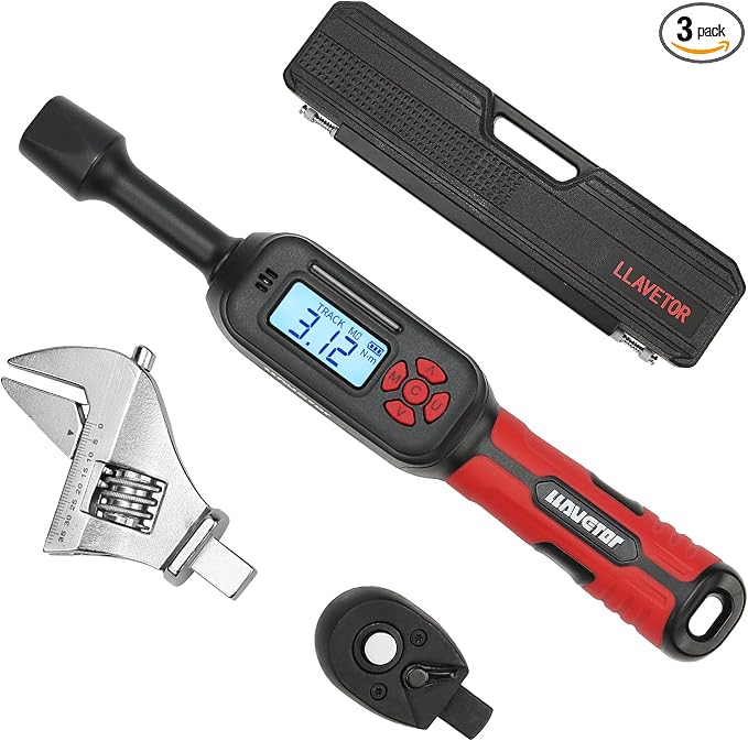 3/8" Drive Digital Torque Wrench, Digital Adjustable Torque Wrench 3PC Set, Interchangeable Head (Flex/Static/Ratcheting), 3-135N.m Wide Range, ±2%, LCD for Automotive Repair, Motorcycle, DIY