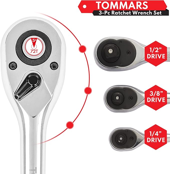TOMMARS Ratchet Set 1/4" 3/8" 1/2" Drive Ratchet Socket Wrench Kit 72-Tooth Quick-Release Reversible, Cr-V Alloy Steel