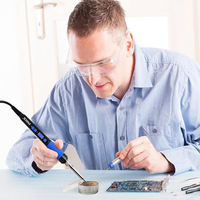 Soldering Iron Kit, 80W Soldering Iron Pen with Adjustable Temperature, LCD Display, ON/OFF Switch, 5 Tips, Solder Wire, Stand with Sponge, Pump, Paste, Tweezer, Blue