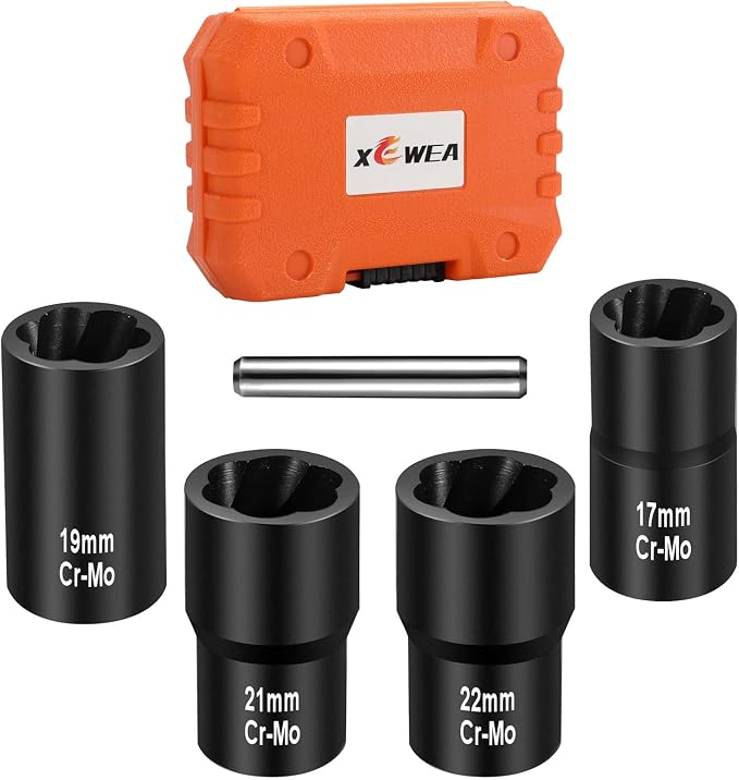 XEWEA 5PCS 1/2 Drive Lug Nut Bolt Extractor Set, Wheel Lock Removal Kit | Imapact Easy Out Broken Wheel Tire Lug Nut Extraction/Remover Socket Tool Set, For Removing Damaged, Frozen, Studs, Cr-Mo