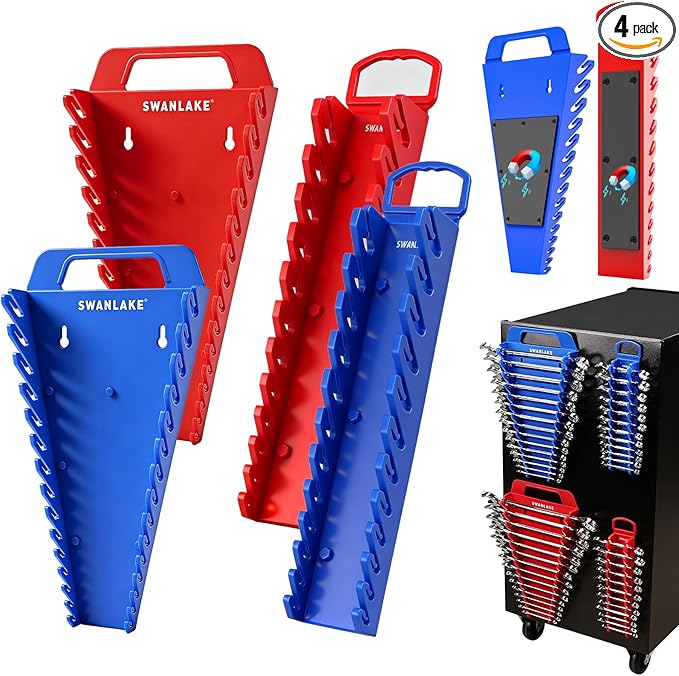 SWANLAKE 4-Pack Magnetic Wrench Organizer Toolbox Holder, 2PCS 15-Slot and 2PCS 12-Slot Wrench Organizers, SAE & Metric Ratchet Holders for Tool Box
