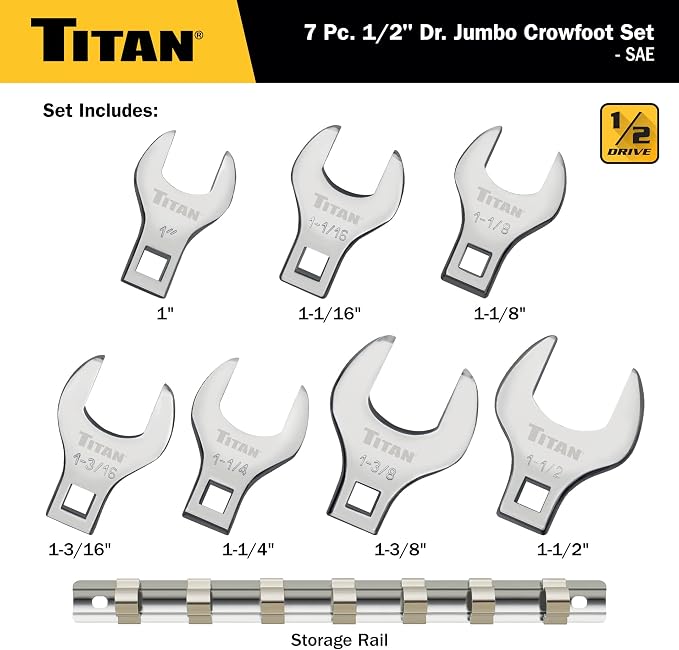 Titan 17671 7-Piece 1/2-Inch Drive SAE Jumbo Crowfoot Wrench Set