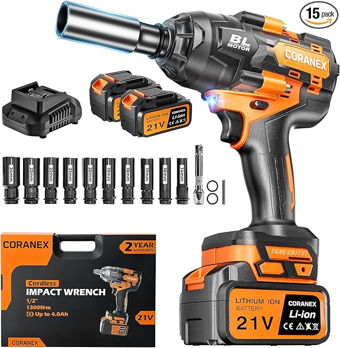 1/2" Cordless Impact Wrench | 1300N.m (960ft-lbs) | 2x4.0Ah Batteries - Longer Runtime | Fast Charger | Variable Speed Control | Brushless High Torque Impact Gun for Car/Mower/Pickup with Case