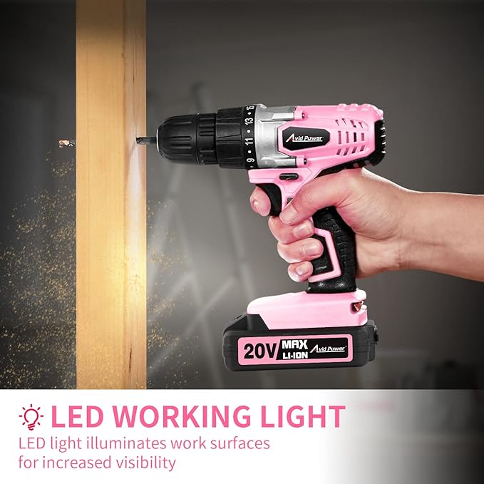 AVID POWER 20V Cordless Drill Set for Home DIY & Beginner Projects - Lightweight Power Drill with Battery Charger & 22 Bits, Variable Speed, 3/8" Keyless Chuck, Ideal for Furniture Assembly (Pink)