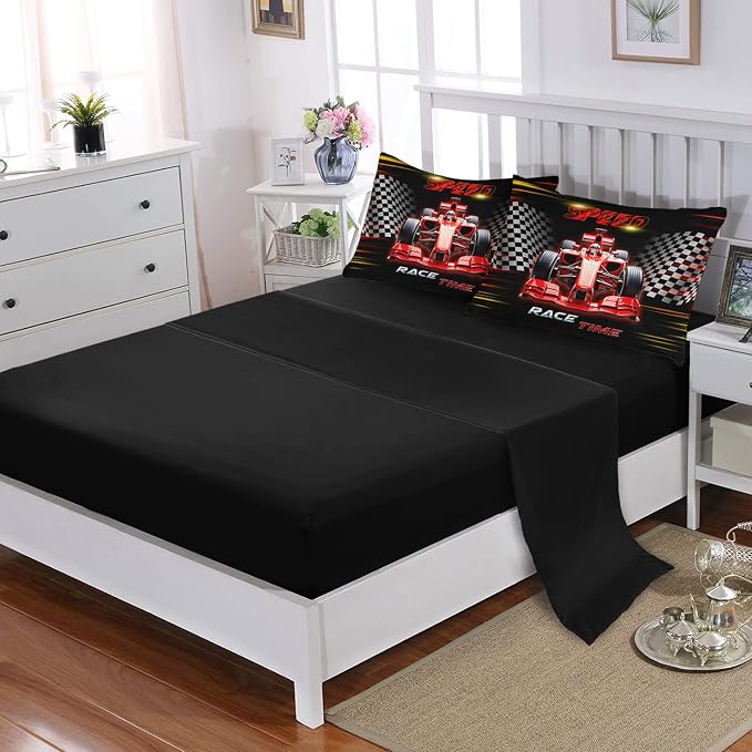 Red Race Car Comforter Set Twin Size,Black White Checkered Racing Flag Bedding Set for Kids Boys Room Decor,7Pcs Cool Sports Themed Bedding with Comforter,Fitted Sheet,Flat Sheet,Pillowcases.