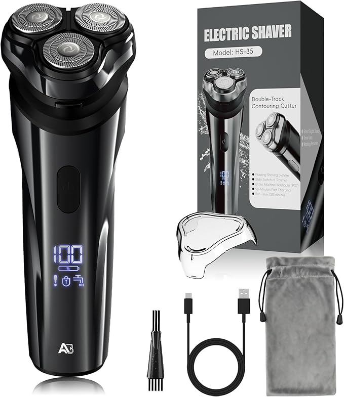 Electric Rechargeable Shaver for Men,Wet & Dry Electric Razor, IPX7 Waterproof Rotary Shaver for Men,4D Floating Head, LED Display,Type-C, Travel-Friendly,Black Silver