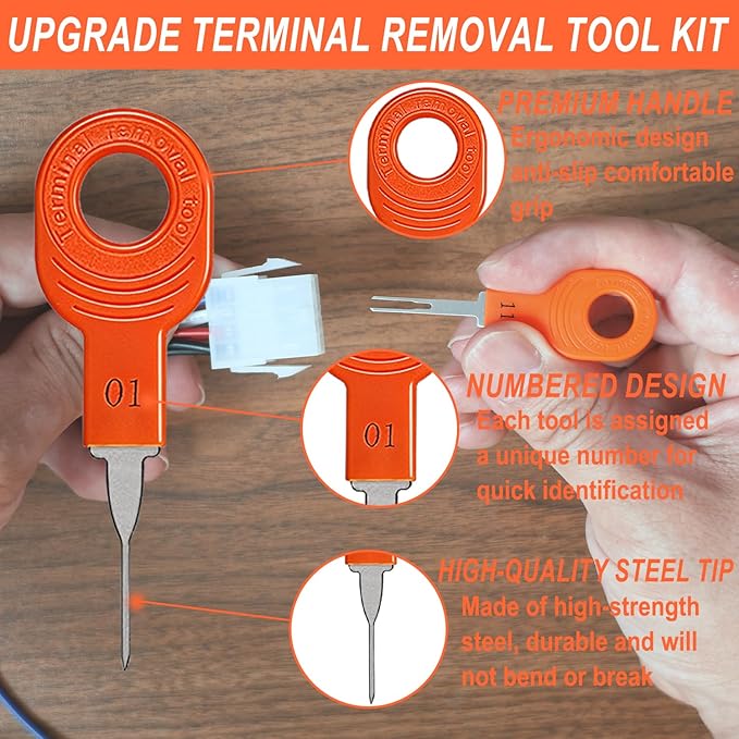 Automotive Electrical Terminal Removal Tool Kit Pro - 41+1Pcs Automotive Depinning Tool Kit Terminal Connector Removal Tools for Vehicle, Motorcycle & Electrical Applications, Orange