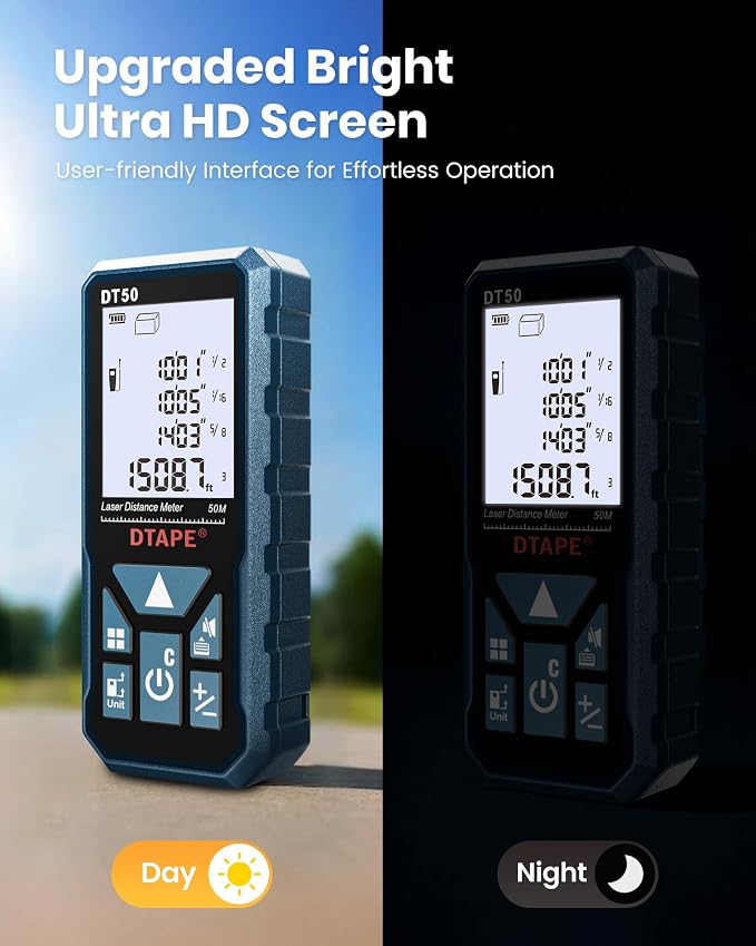 Laser Measure, DTAPE Digital Laser Distance Meter, Upgraded High-Accuracy Laser Measuring Tool, Electronic Tape Measure, 2" Backlit LCD Display, Area/Volume/Indirect Measurement, in/Ft/Ft+in/M