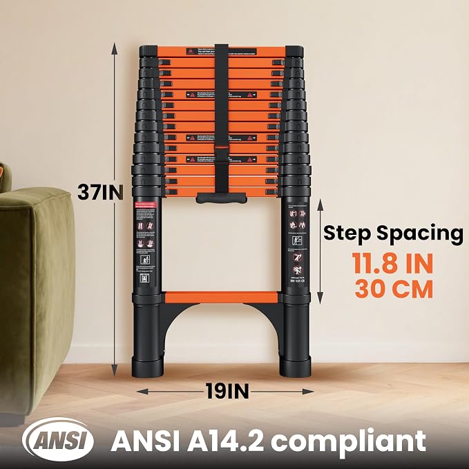 SINMEIRUN Telescoping Ladder, 14.5 FT, Aluminum Extension Ladder, 330 lbs Capacity, Collapsible Multi-Purpose Ladder for Home, Roof and RV; Orange