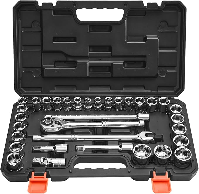 VEVOR Socket Set, 33 Pieces, 1/2 inch Drive Socket and Ratchet Set, SAE and Metric, Mechanic Tool Kit with Ratchet Wrench, Extension Bar and Storage Case, CR-V Alloy Steel, for Automotive Repair | SAE and Metric, Mechanic Tool Set with Ratchet Wrench, ...