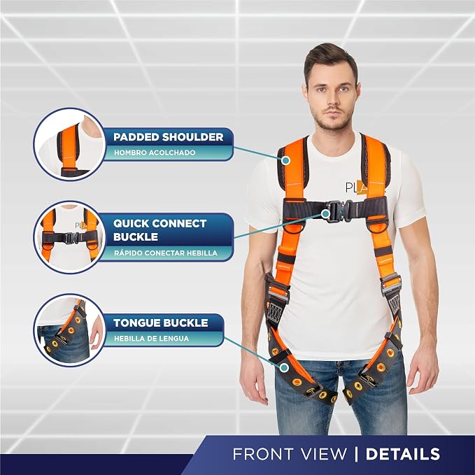 Full Body Harness with 5 Point Adjustment, Dorsal D-ring, Grommet Legs, Two Side D Rings, and Fall Indicators