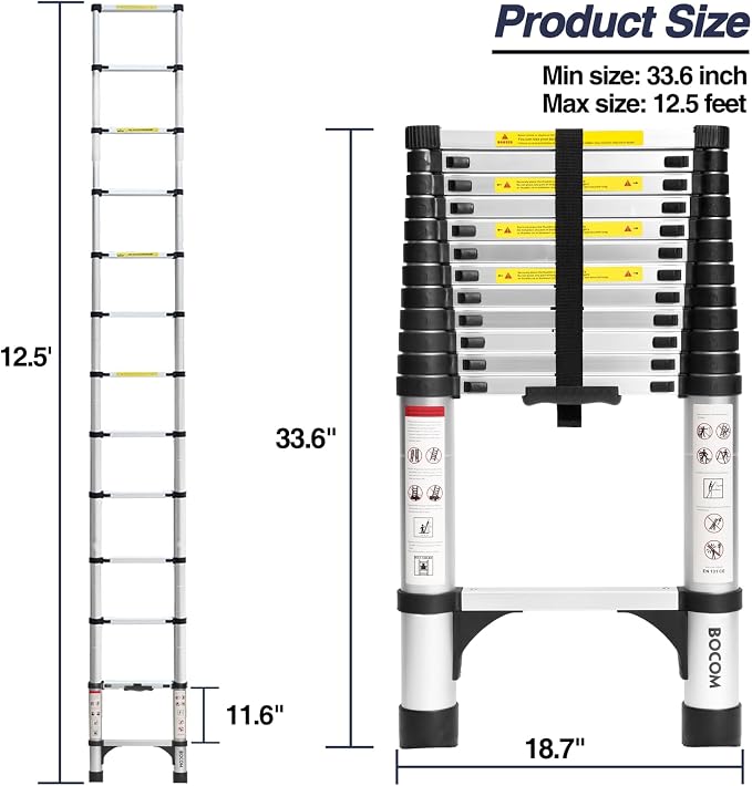 BOCOM 12.5 FT Aluminum Telescoping Ladder, Lightweight Multi-Purpose Collapsible Extension with 2 Triangle Stabilizers, Heavy Duty 330 lbs Max Capacity, Ideal for Home, RV, and Outdoor Work Silver