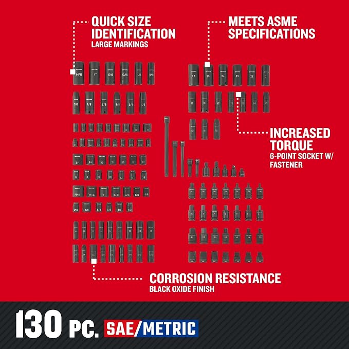 CRAFTSMAN Mechanic Tool Set, Impact Socket Set, SAE/Metric, 1/4" 3/8" and 1/2" Drive, 130-piece Master Set (CMMT17901)