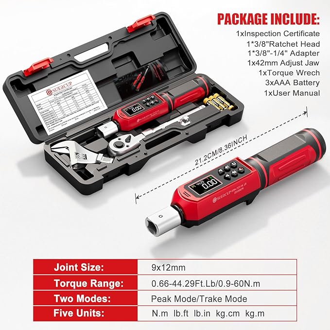SUERCUP Adjustable Digital Torque Wrench 0.66-44.29Ft.Lb/0.9-60N.m,9x12 mm Open End Hvac Torque Wrench with 3/8 Drive Ratchet Head&42mm Jaw, Vibration, Buzzer,LED Notification for Split AC, Bike, Moto