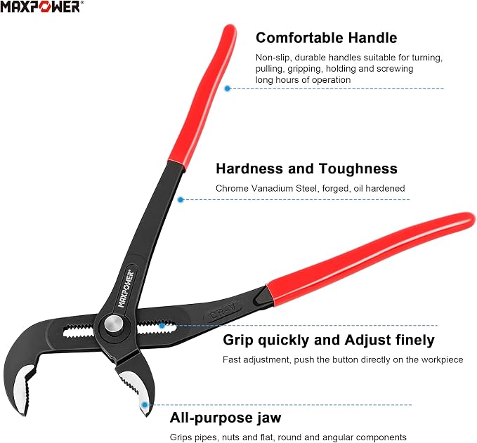 MAXPOWER 3-Piece Water Pump Pliers Set – 7" 10" 16" Tongue and Groove Pliers with Push Button Quick Adjustment | Plumbing Tool for Homeowner Plumber HVAC Mechanic | Includes Carrying Bag