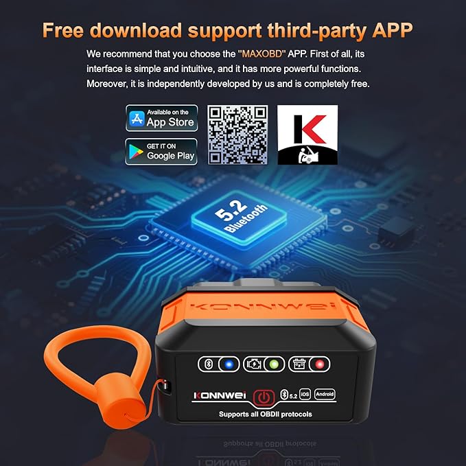 KONNWEI KW906 OBD2 Scanner Bluetooth 5.0 Car Diagnostic Tool – OBDII Code Reader Check Engine Light, Real-Time Data, Free MAXOBD App for iOS & Android, 12V Vehicle Engine Fault Scanner