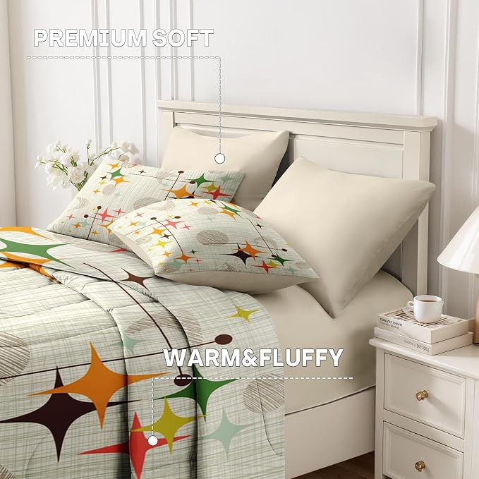 Nesker Comforter Set King Size, Retro Stars Brown 7 Pcs Bedding for Kids and Adults, Mid Century Vintage Bed Sheet Sets with Fitted Sheet 2 Pillowcases & 2 Shams