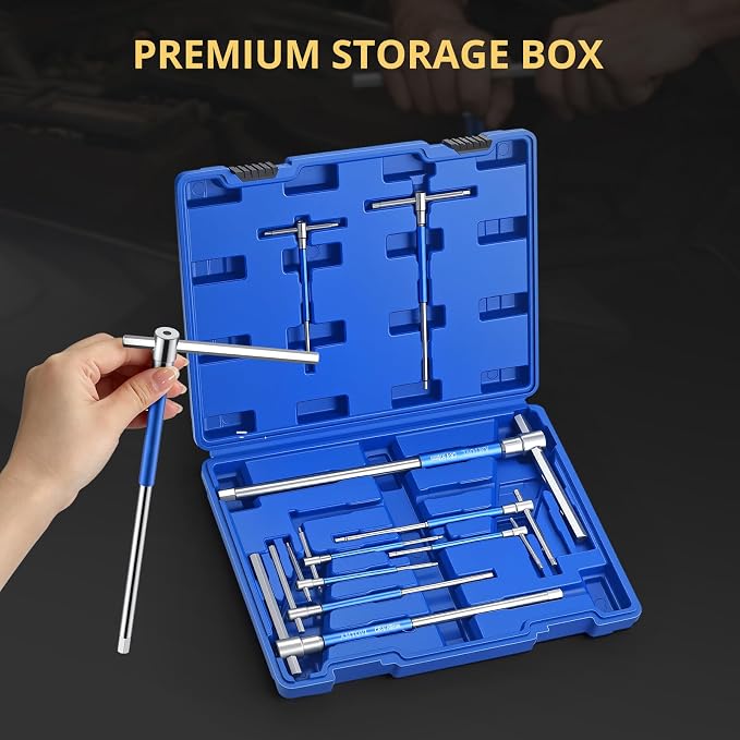 AMTOVL T-Handle Hex Allen Wrench Set - Metric, 10 Pcs 2mm-10mm | 3 Way T-Handle Allen Key Set Sliding Handle, Chrome Vanadium Steel, with Carry Box, for DIY Mechanicsand Bicycle Enthusiasts
