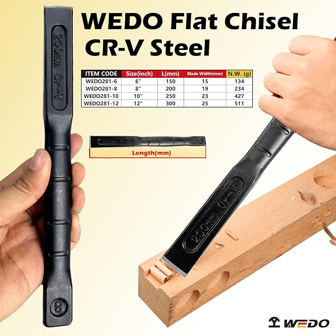 WEDO 3PCS Flat Chisel Set, 8",10",12", Industrial grade, CR-V Steel, Die-forged, Heat Treatment, Surface Black Polishing
