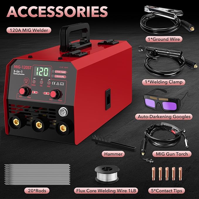 120A Mig Welder, 3 IN 1 Gasless Flux Core MIG/Lift TIG/Stick Welder Machine with Synergy, 110V Multiprocess Welding Machine with Welding Googles Rods Wire for Beginners & Professionals