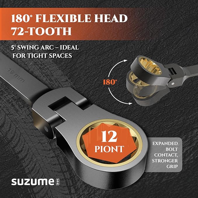 SUZUME 13/16” Flex Head Ratcheting Wrench SAE 72 Teeth Cr-V Steel with 180° Flexible Head 15K+ Cycle Locked Gears Black Nickel Coating