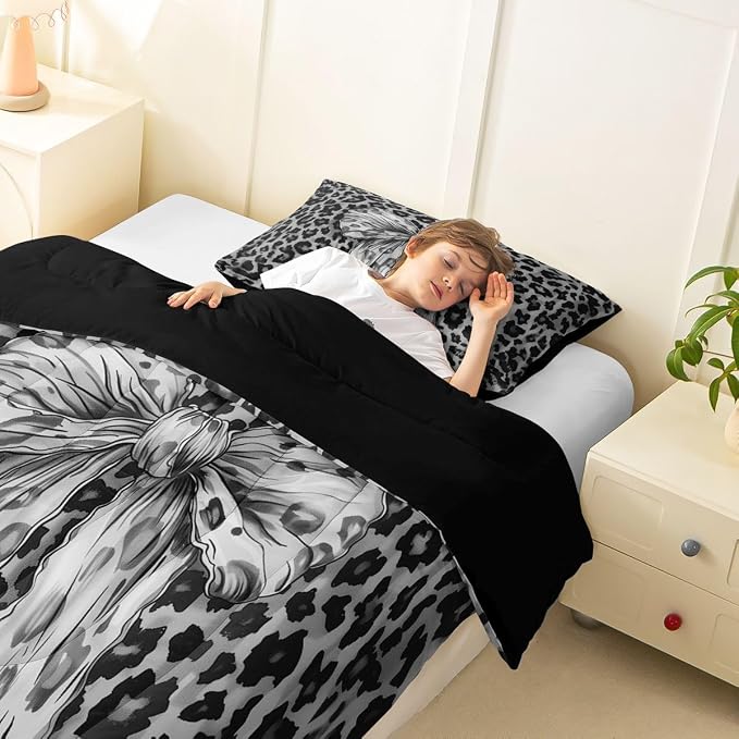 Feelyou Leopard Print Bedding Set Soft for Boys Girls, Black Cheetah Comforter Set Toddler Size Cute Bowknot Duvet Quilt Microfiber Bedroom Decor 2 Pcs with 1 Pillow Cases