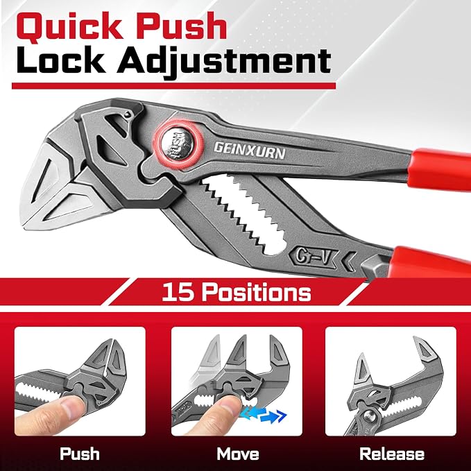 GEINXURN 7-Inch Pliers Wrench, 4PCS Smooth V-Jaw Pliers with 15-Position Push-Lock, Fast Adjustable Slip Joint Pliers Set for Plumbing, Home Repair, and Pipe Fittings
