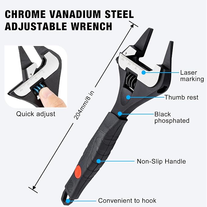 MAXPOWER 8-inch Slim Jaw Adjustable Wrench, Wide Jaw Opening Adjustable Wrench, Dual Scale with Metric and SAE Plumbing Wrenches, Soft Grip Handle
