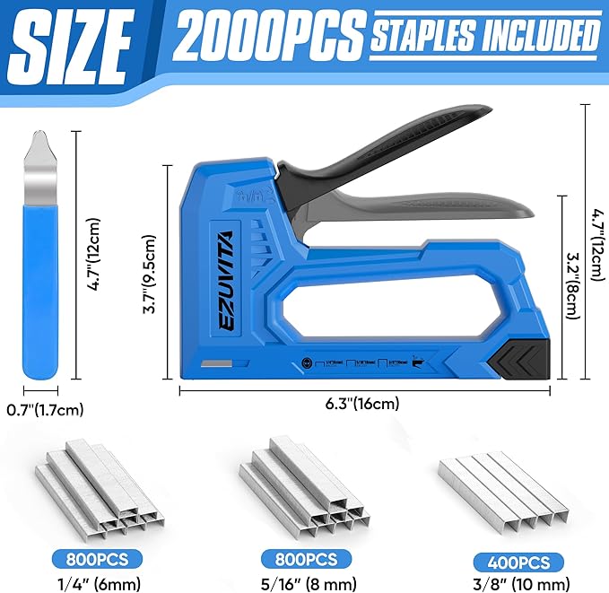 Light Duty Staple Gun for Wood, Blue Upholstery Staple Gun Kit with 2000pcs JT21 Staples 1/4, 5/16, 3/8 inch and Staple Remover, Stapler Gun for Crafts, DIY, Classroom, Mothers Day Gift