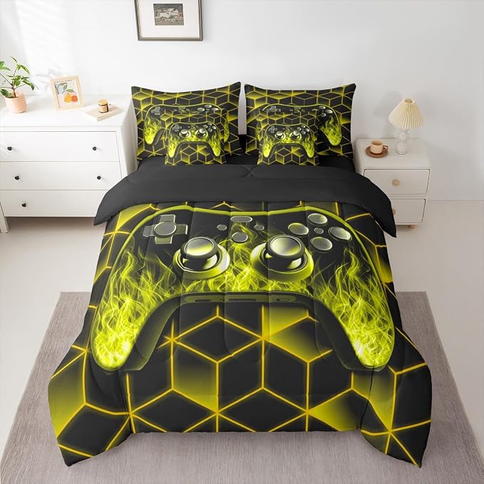 Game Consoles Bed in a Bag King Size Comforter Set 7 Pieces,Neon Geometric Gamepad Gamer Bedding Set,3D Geometric Gamer Sheet Set Yellow Flame Bed Set,Gaming Decor for Boys Bedroom Gamer Gifts