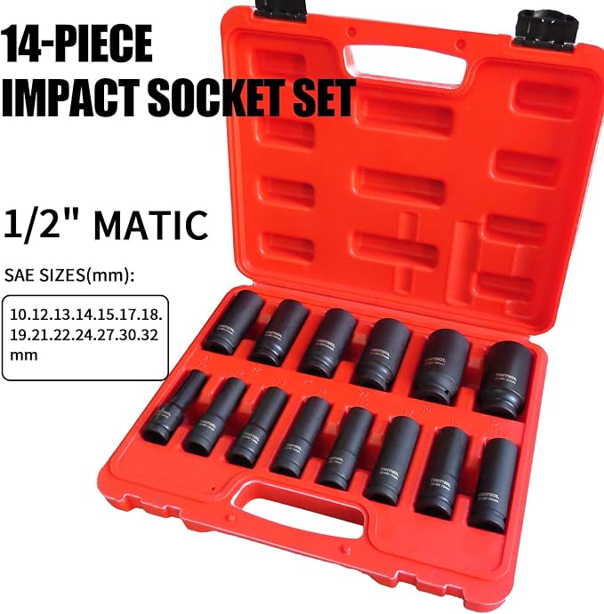 TONYNOL 1/2 Inch Deep Drive Impact Socket Set,6-Point,Metric (10mm-32mm),14 Pcs,Cr-Mo Steel,With a Storage Case