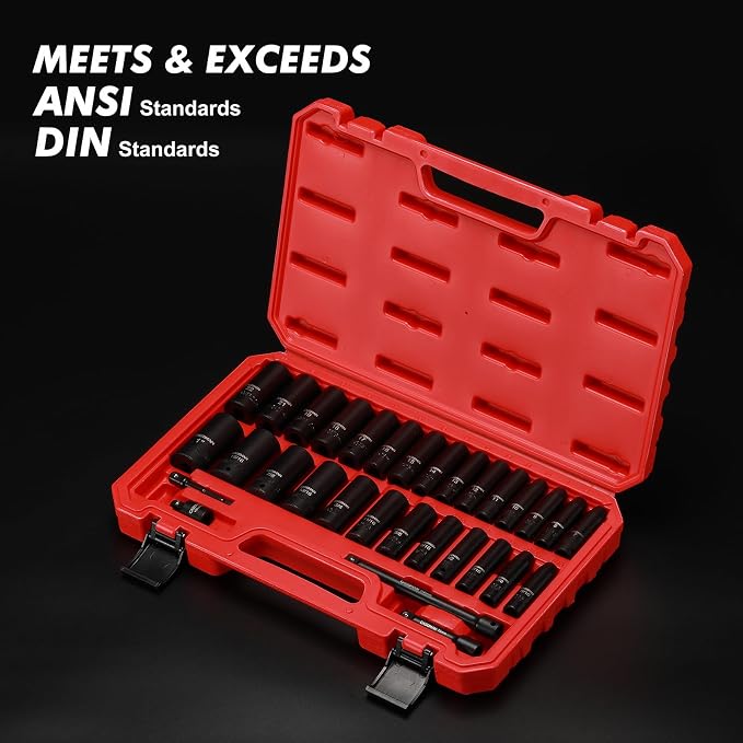 CASOMAN 3/8-Inch Deep Impact Socket Set, Metric & SAE, 31Piece Socket Set, CR-V, Includes Extension Bar (3, 6-inch) & Adapters, Heavy Duty Storage Case