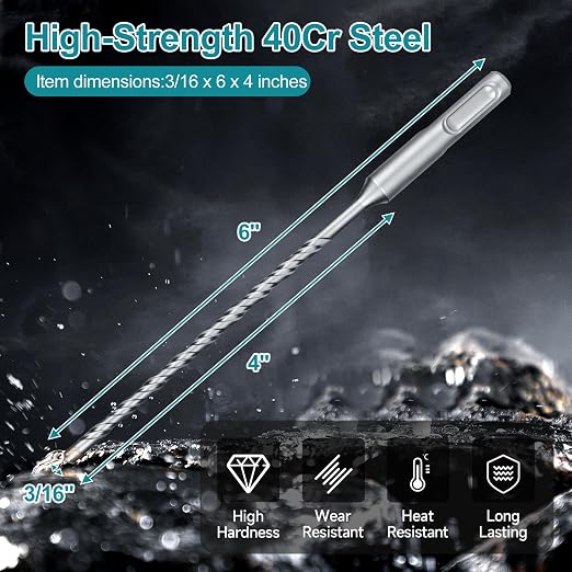3/16 Inch x 6 Inch SDS Plus Rotary Hammer Drill Bit, Cross Tip Double Threaded Carbide Tipped for Concrete, Brick, and Stone (3/16" x 3.5" x 6")