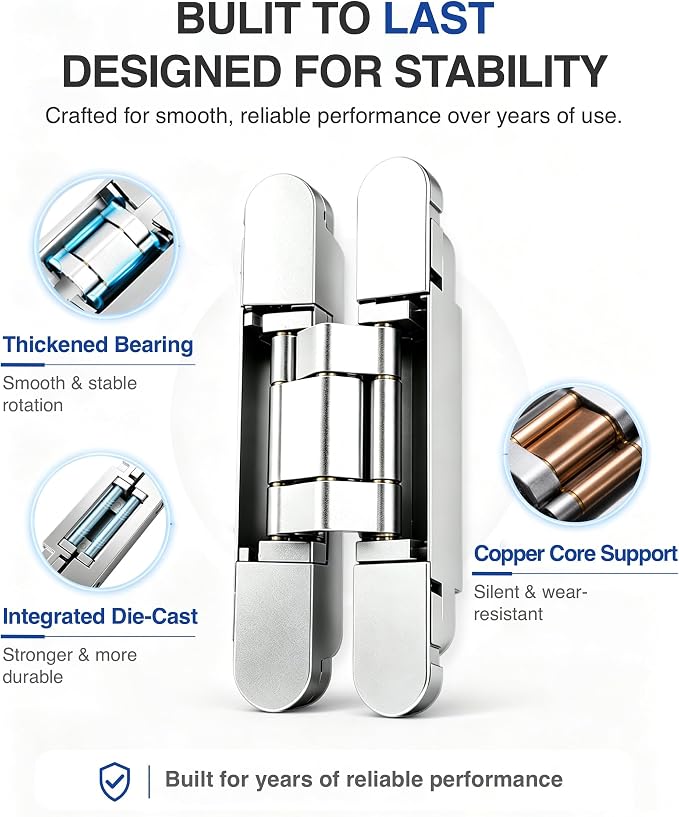 Onedaful 2 Kits 6 inch Stainless Steel Hidden Door Hinges Invisible Hinges for Door, 180 Degree Swing Concealed Hinges, 3 Way Adjustable & Heavy Duty for Secret Door (Load-Bearing Up to 170lbs)