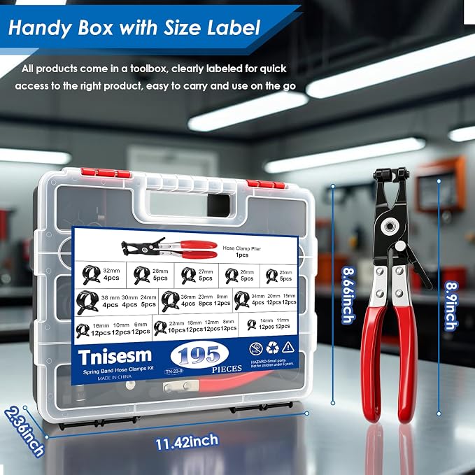 Tnisesm 195Pcs 6-38mm Spring Band Hose Clamps Assortment kits with Swivel Flat Fuel Hose Clamp Plier - 23 Sizes Silicone Vacuum Hose Pressure Air Clip Clamp