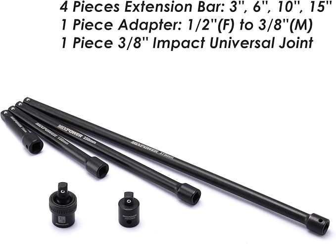 MIXPOWER 3/8'' Drive Master Impact Socket Set, 87-Piece Deep & Standard SAE and Metric,CR-MO, 1/4-Inch to 3/4-Inch and 6-19 mm, Impact Universal Sockets, Inverted Star Sockets, Extension Bar & Adapter