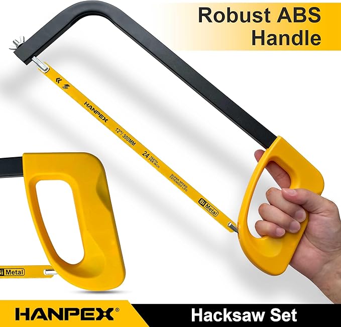 Hanpex 12in. High-Tension Hacksaw Frame with 5pcs Extra Bi-metal Blades, Hand Saw Suitable for Metal, wood, PVC, Carpentry