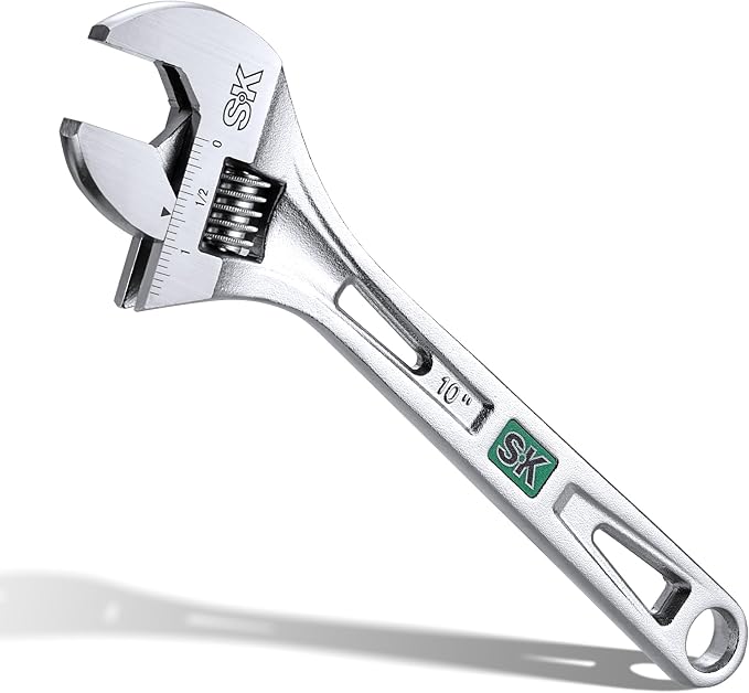 SK 10-Inch Adjustable Wrench, 1-7/16" Jaw Capacity, SAE&Metric Scales | X-Frame Handle, Precision Jaw, Heat Treated CR-V Steel, Chrome-Plated Rust Resistant Finish