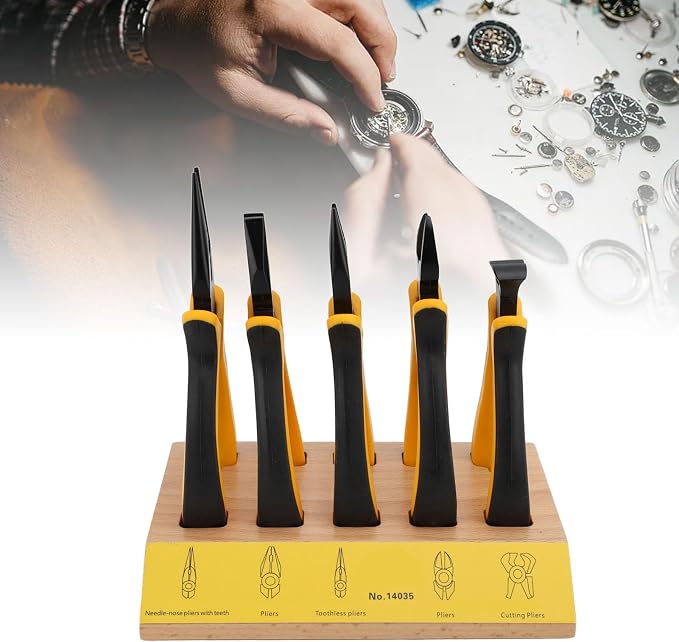 Naroote 5pcs Pliers Set with Wood Pallet, Beech and Metal Watch Repair Pliers Set, Heat Treated Blades, Effort Saving Grip, Wire Cutting for Jewelry Repair Hobby Users