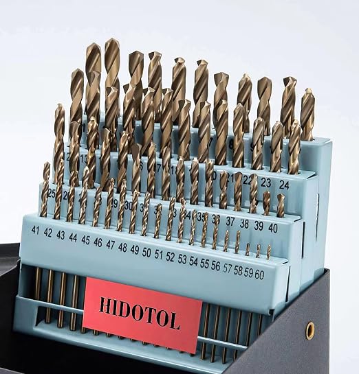 HIDOTOL 60PCS Cobalt Drill Bit Set M35 HSS Twist Jobber Drill Bits for Hardened Metal, Stainless Steel, Cast Iron, Plastic and Wood #1 - #60 with Indexed Metal Case